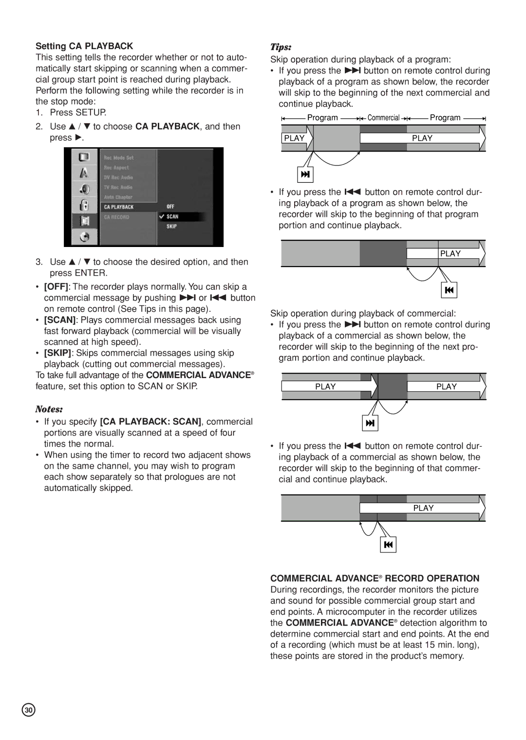 Hitachi DV-DS81E, DV-DS161E instruction manual Setting CA Playback, Commercial Advance Record Operation 