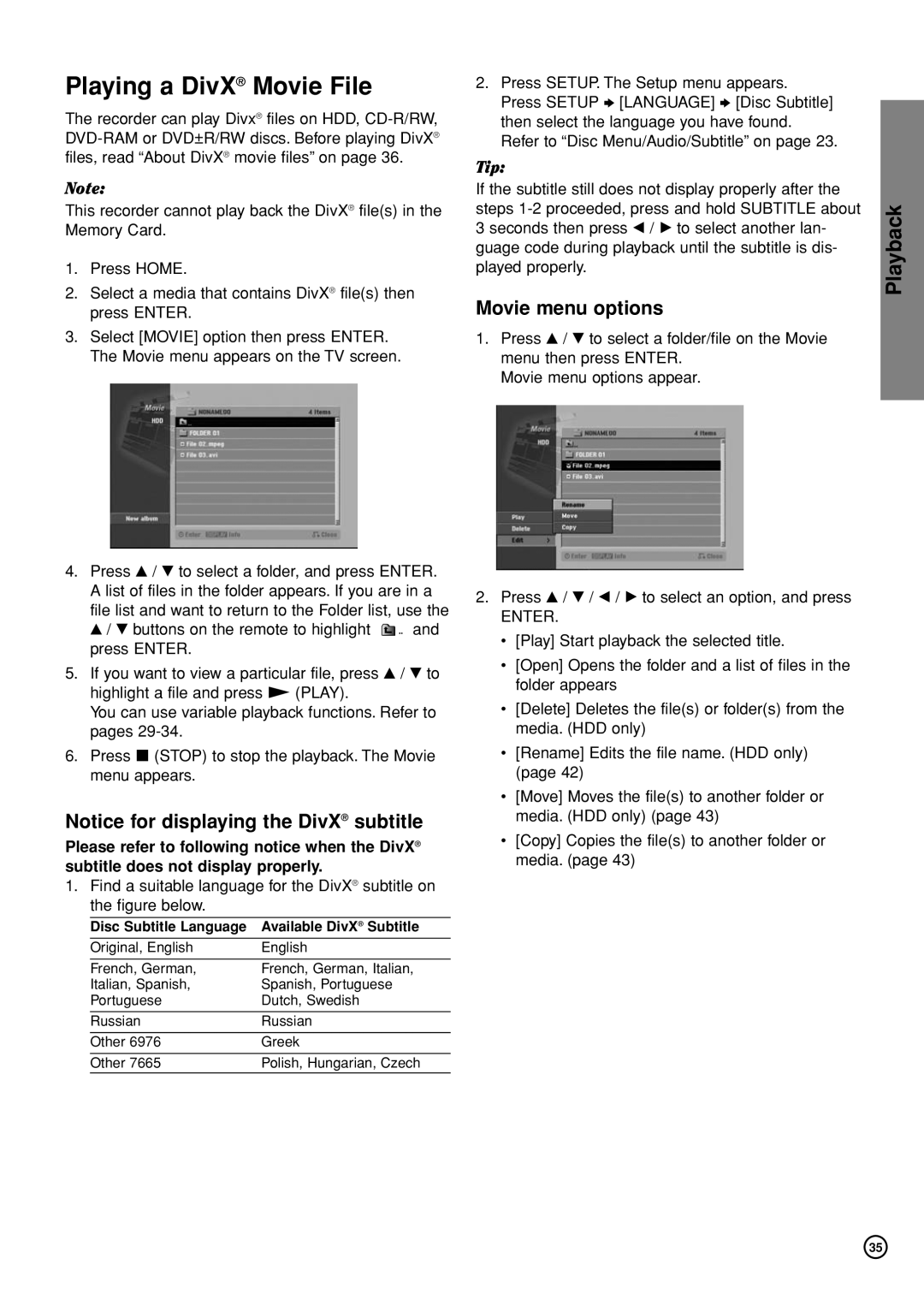 Hitachi DV-DS161E, DV-DS81E instruction manual Playing a DivX Movie File, Movie menu options 