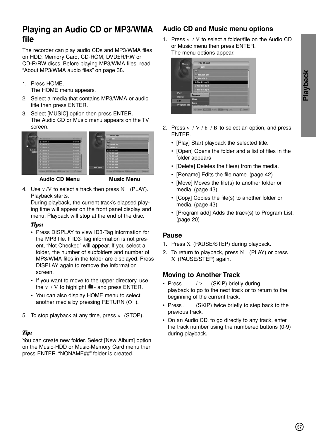 Hitachi DV-DS161E Playing an Audio CD or MP3/WMA file, Audio CD and Music menu options, Pause, Moving to Another Track 