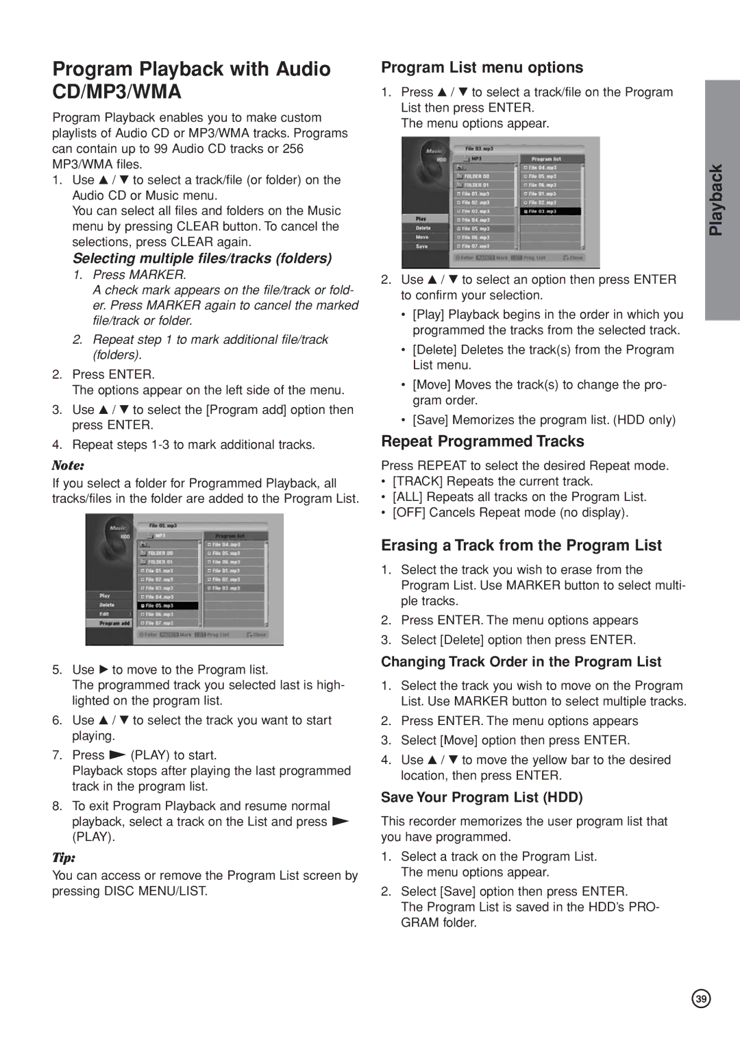 Hitachi DV-DS161E, DV-DS81E Program Playback with Audio CD/MP3/WMA, Program List menu options, Repeat Programmed Tracks 