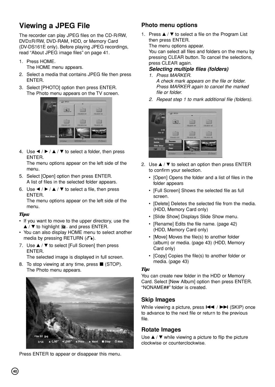 Hitachi DV-DS81E, DV-DS161E instruction manual Viewing a Jpeg File, Photo menu options, Skip Images, Rotate Images 