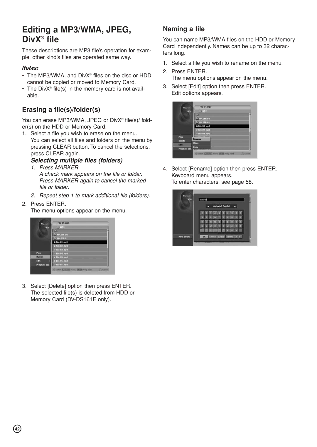 Hitachi DV-DS81E, DV-DS161E instruction manual Editing a MP3/WMA, JPEG, DivX file, Naming a file, Erasing a files/folders 