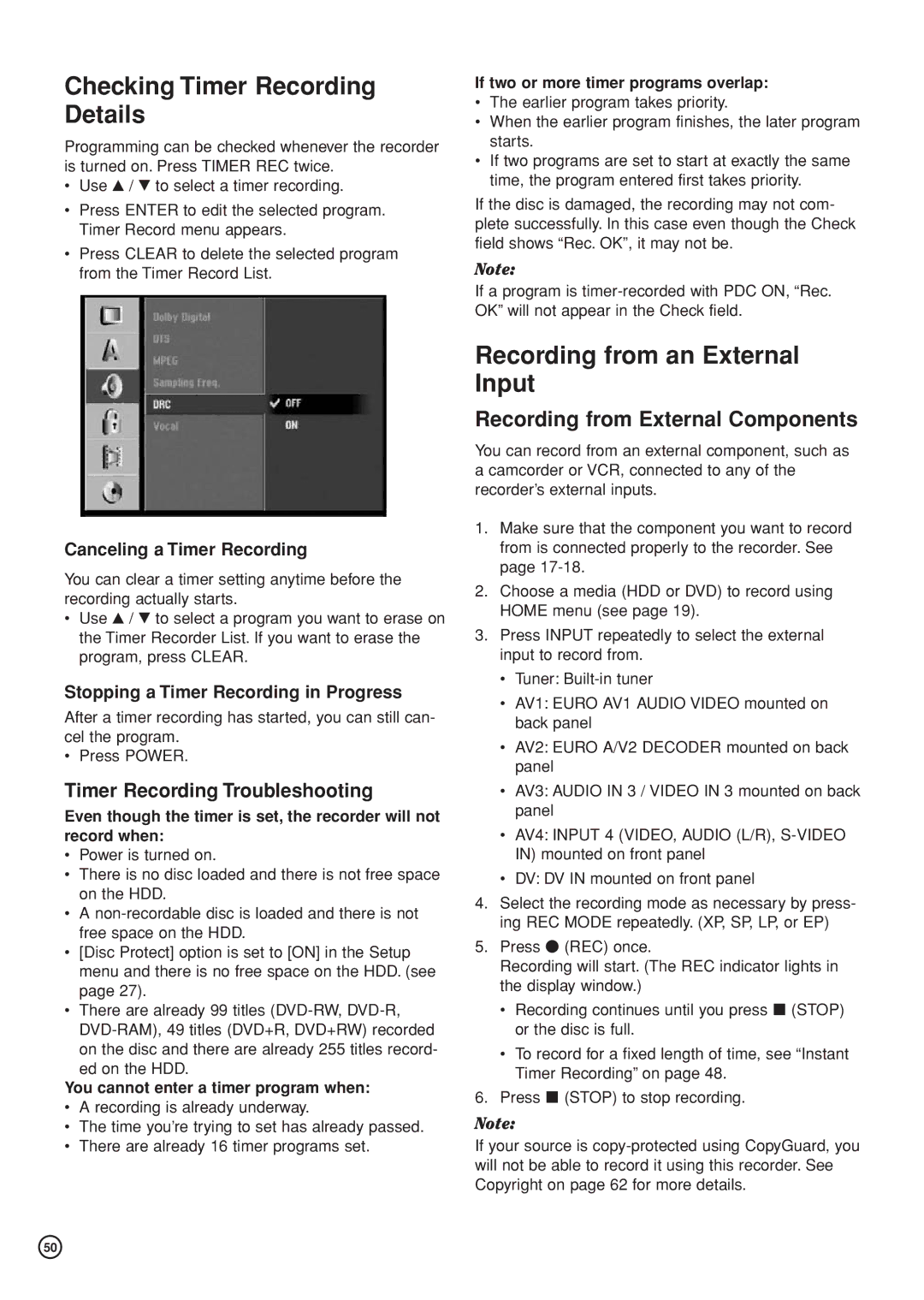 Hitachi DV-DS81E Checking Timer Recording Details, Recording from an External Input, Recording from External Components 