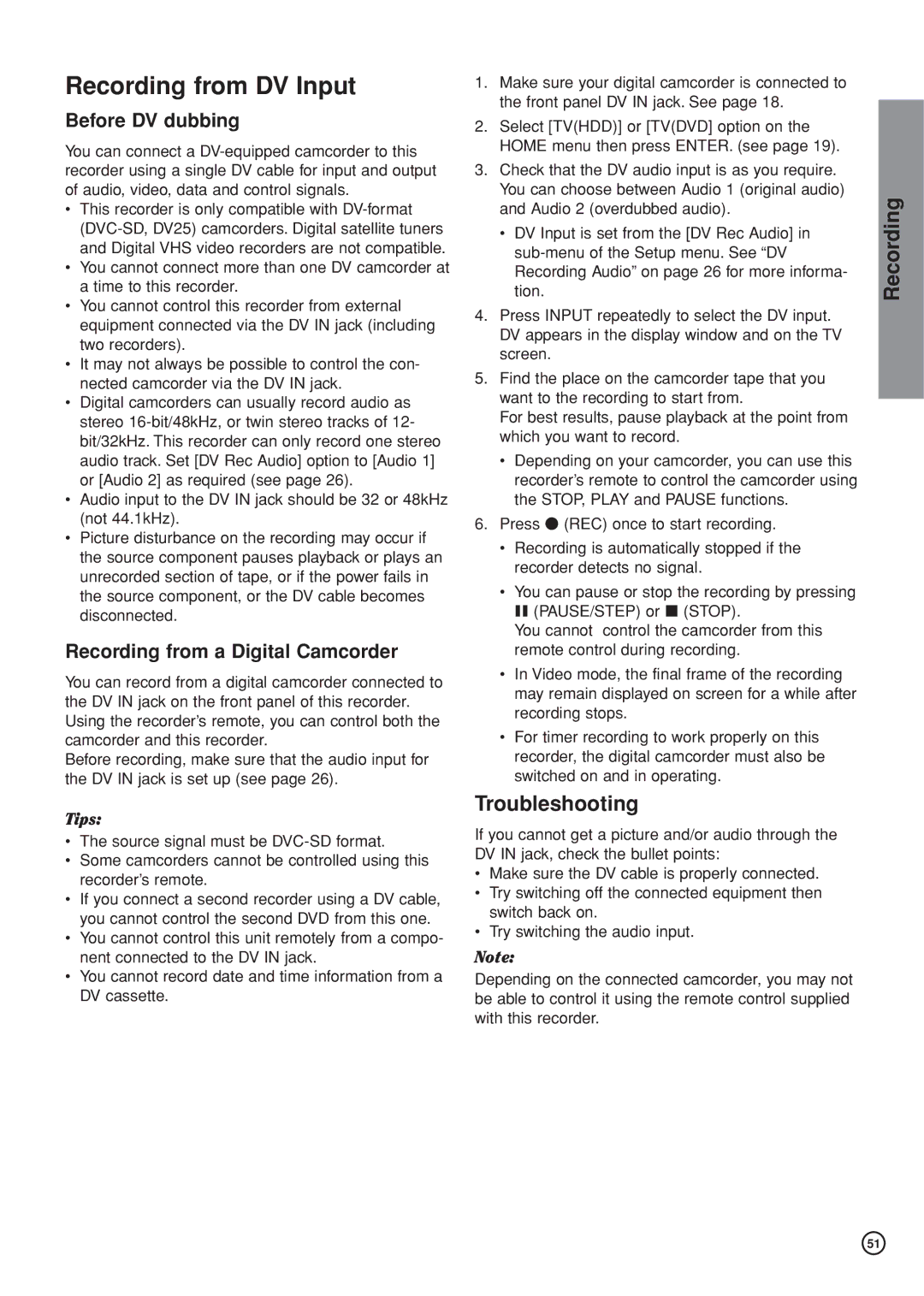 Hitachi DV-DS161E Recording from DV Input, Troubleshooting, Before DV dubbing, Recording from a Digital Camcorder 