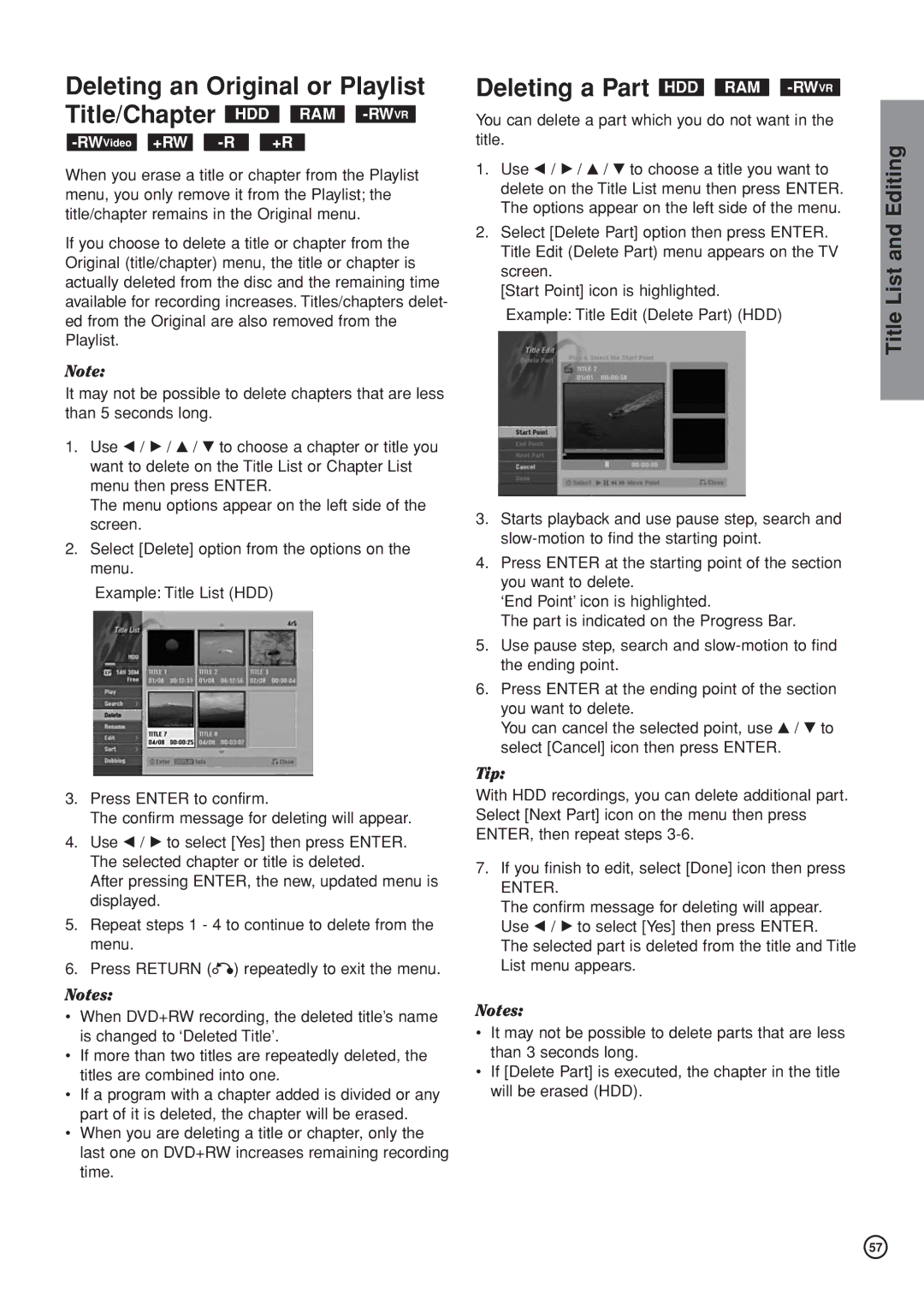 Hitachi DV-DS161E, DV-DS81E Deleting a Part HDD RAM -RWVR, Deleting an Original or Playlist Title/Chapter HDD 