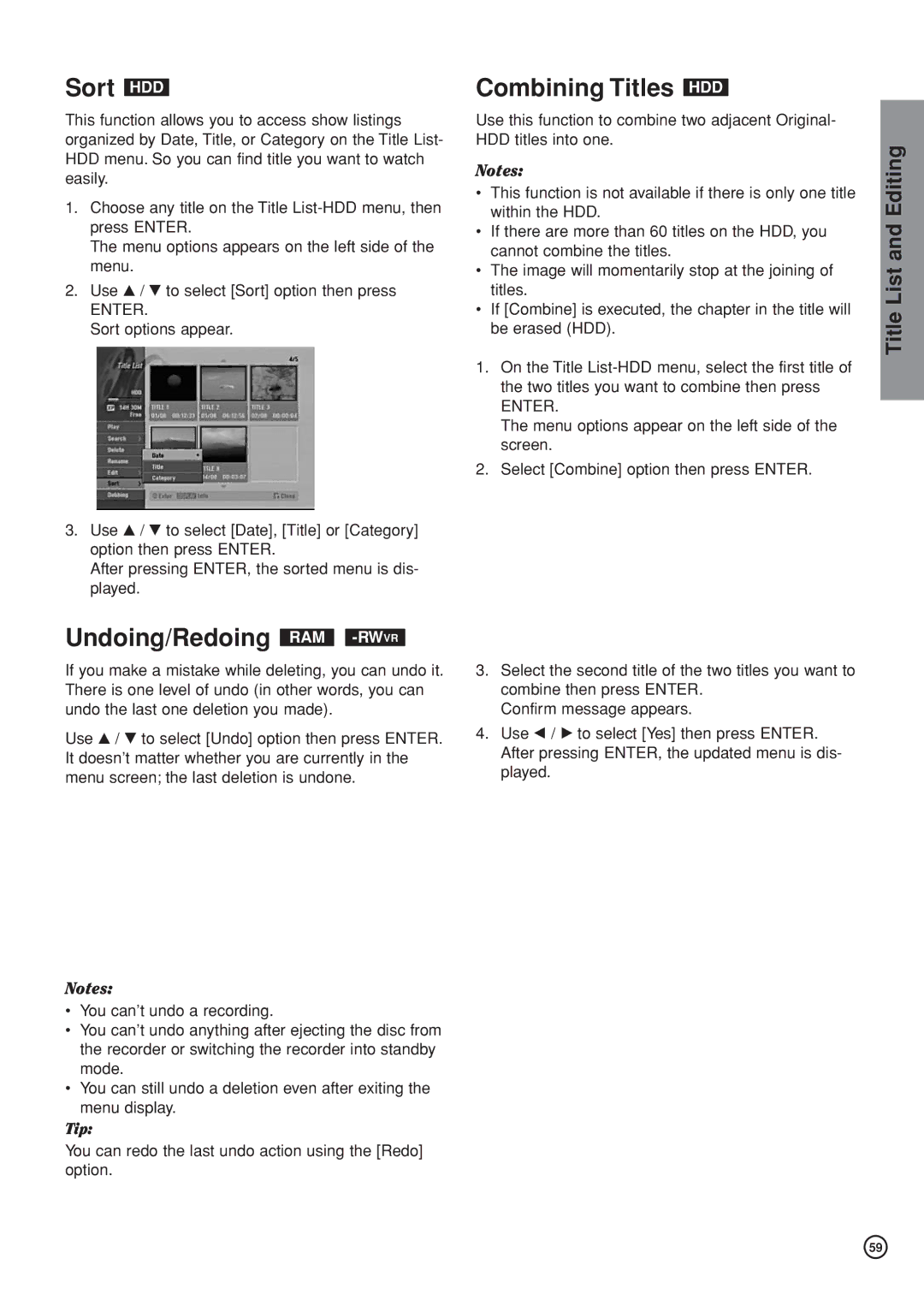 Hitachi DV-DS161E, DV-DS81E instruction manual Sort HDD, Undoing/Redoing RAM -RWVR, Combining Titles HDD 