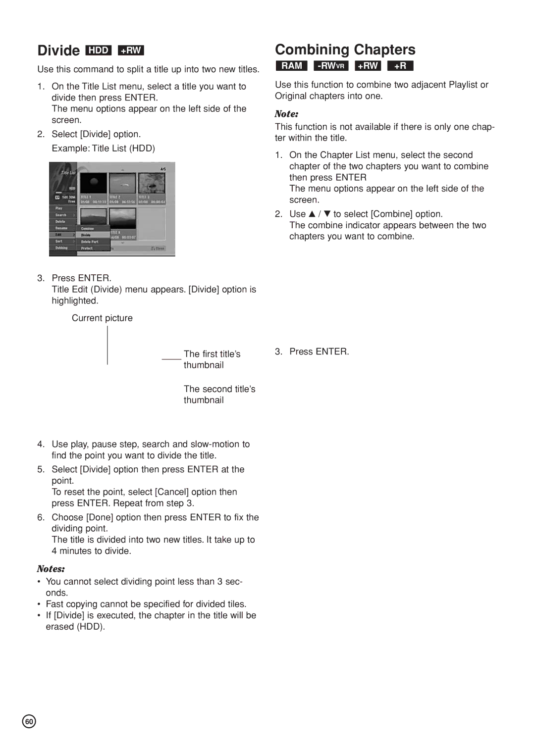 Hitachi DV-DS81E, DV-DS161E instruction manual Divide HDD +RW, Combining Chapters, Ram -Rwvr+Rw +R 