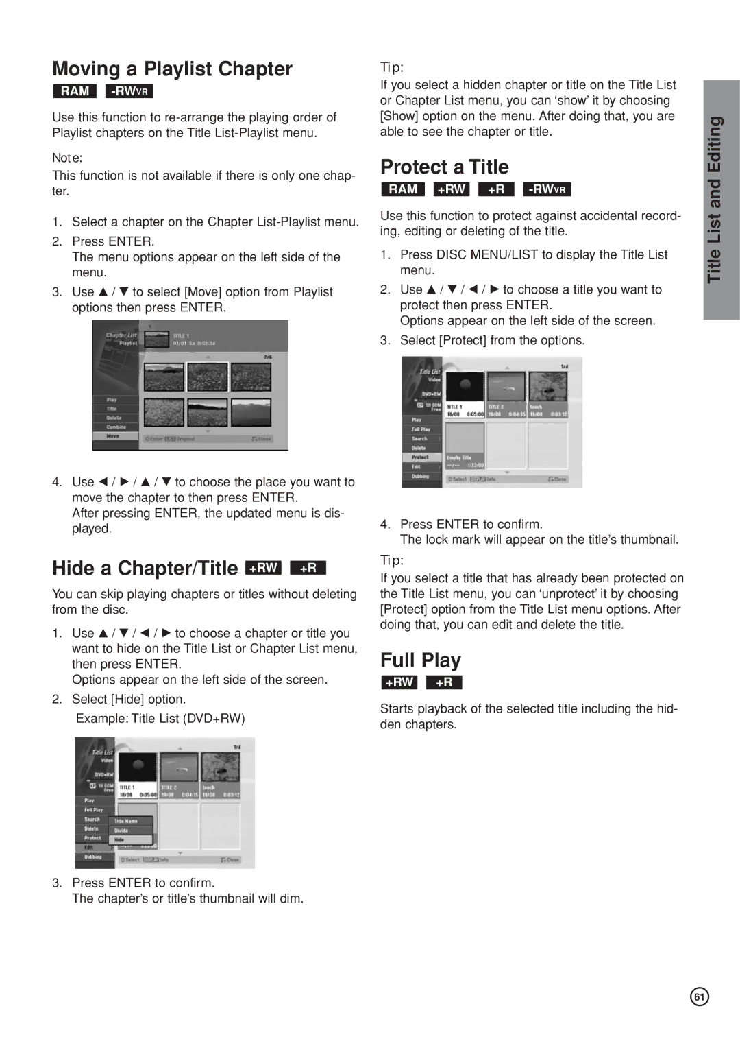 Hitachi DV-DS161E, DV-DS81E Moving a Playlist Chapter, Hide a Chapter/Title +RW +R, Protect a Title, Full Play 