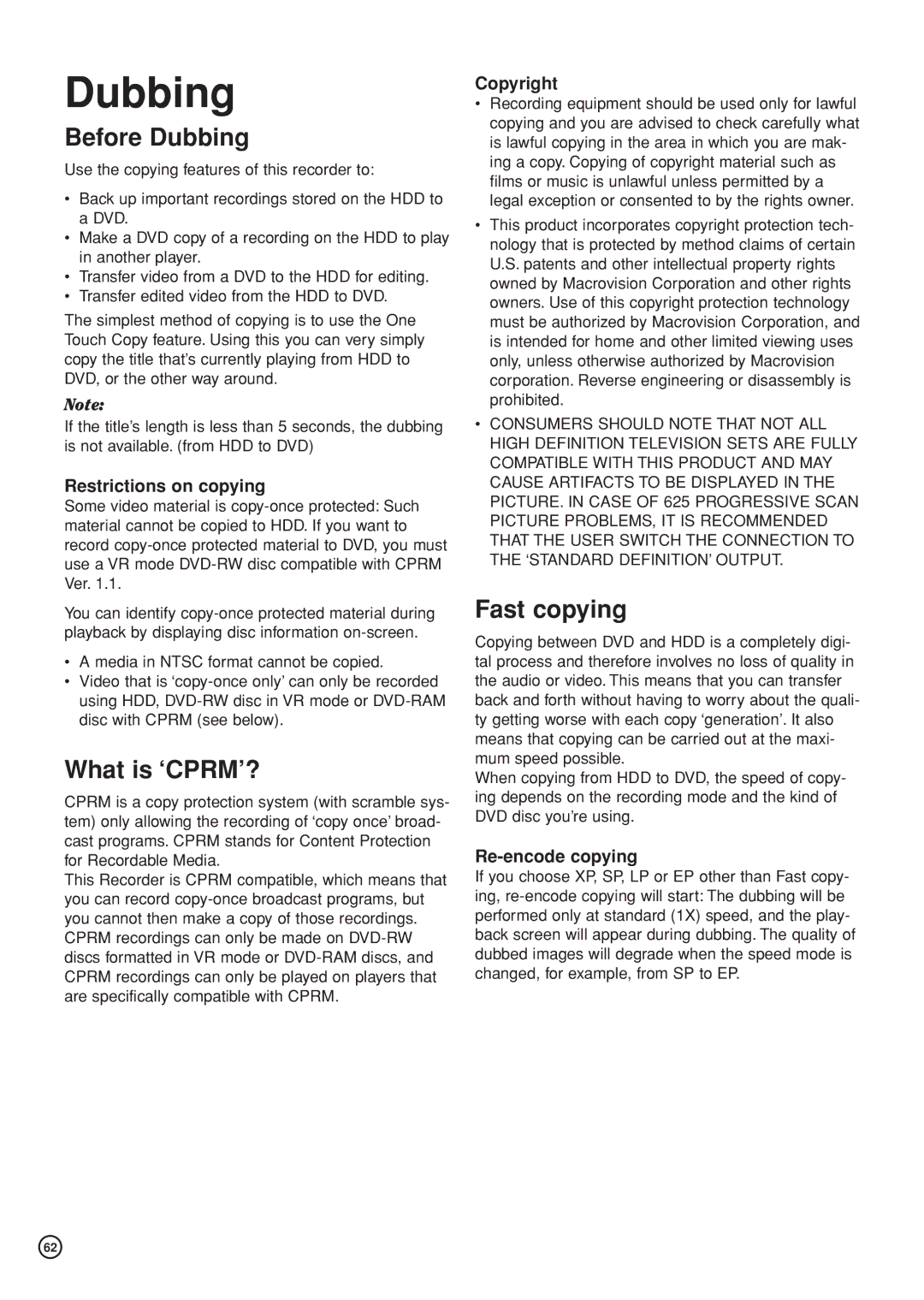 Hitachi DV-DS81E, DV-DS161E instruction manual Before Dubbing, What is ‘CPRM’?, Fast copying 