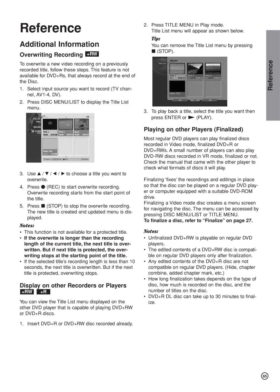 Hitachi DV-DS161E Additional Information, Reference, Overwriting Recording +RW, Display on other Recorders or Players 