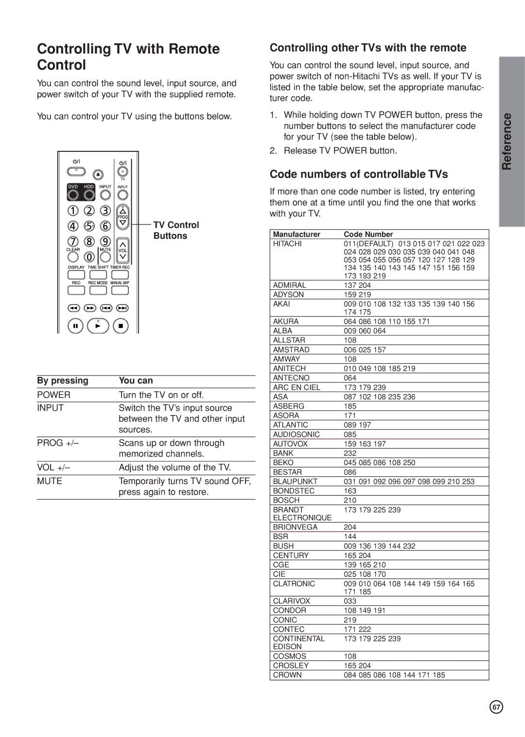 Hitachi DV-DS161E, DV-DS81E instruction manual Controlling TV with Remote Control, Controlling other TVs with the remote 