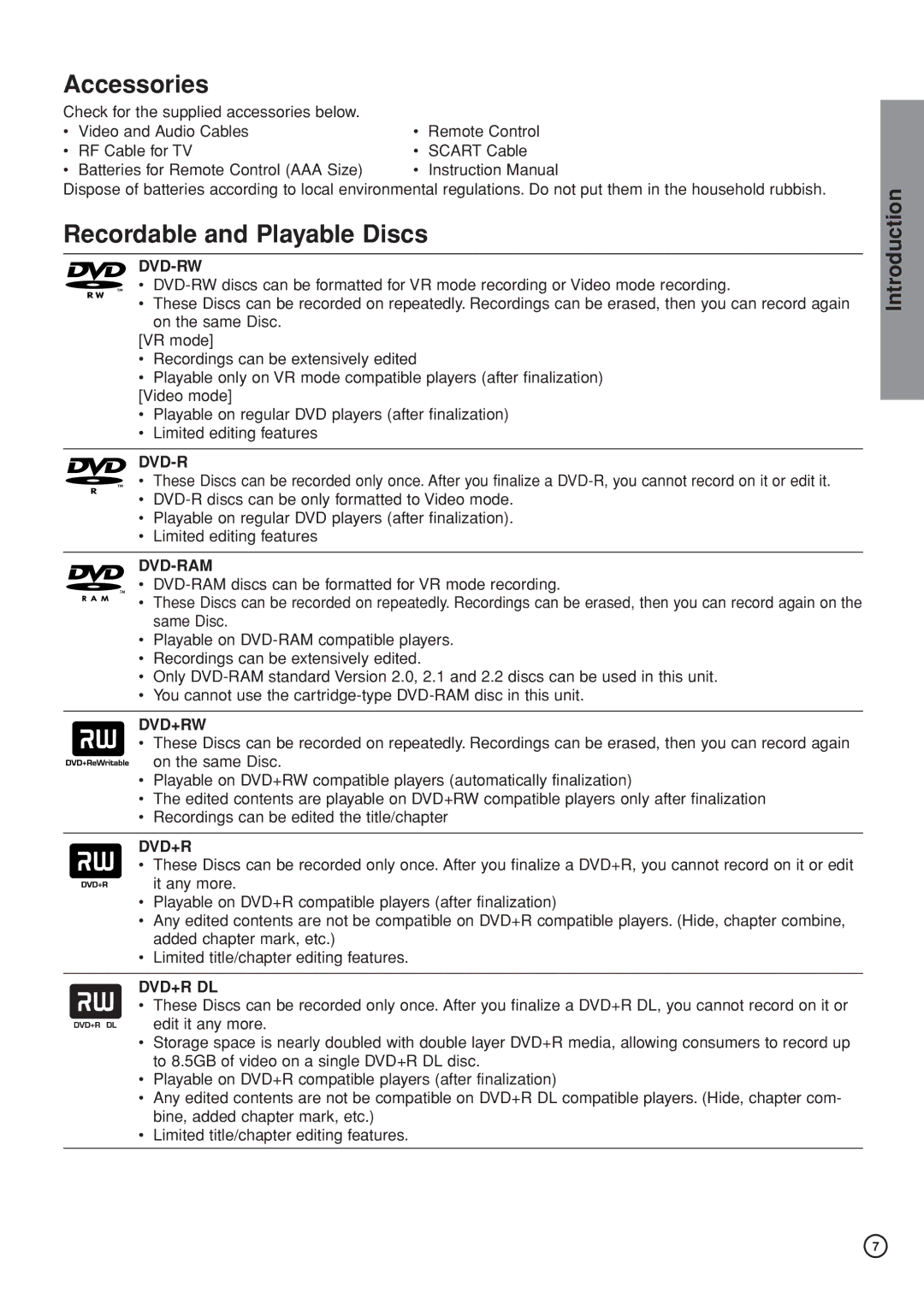 Hitachi DV-DS161E, DV-DS81E instruction manual Accessories, Recordable and Playable Discs, Introduction 