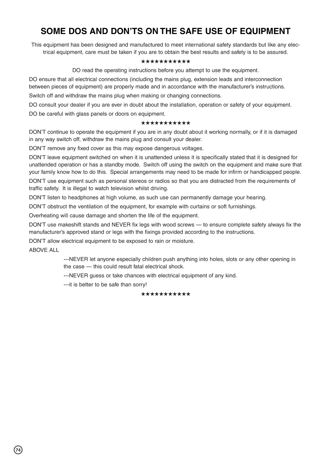 Hitachi DV-DS81E, DV-DS161E instruction manual Some DOS and DON’TS on the Safe USE of Equipment 