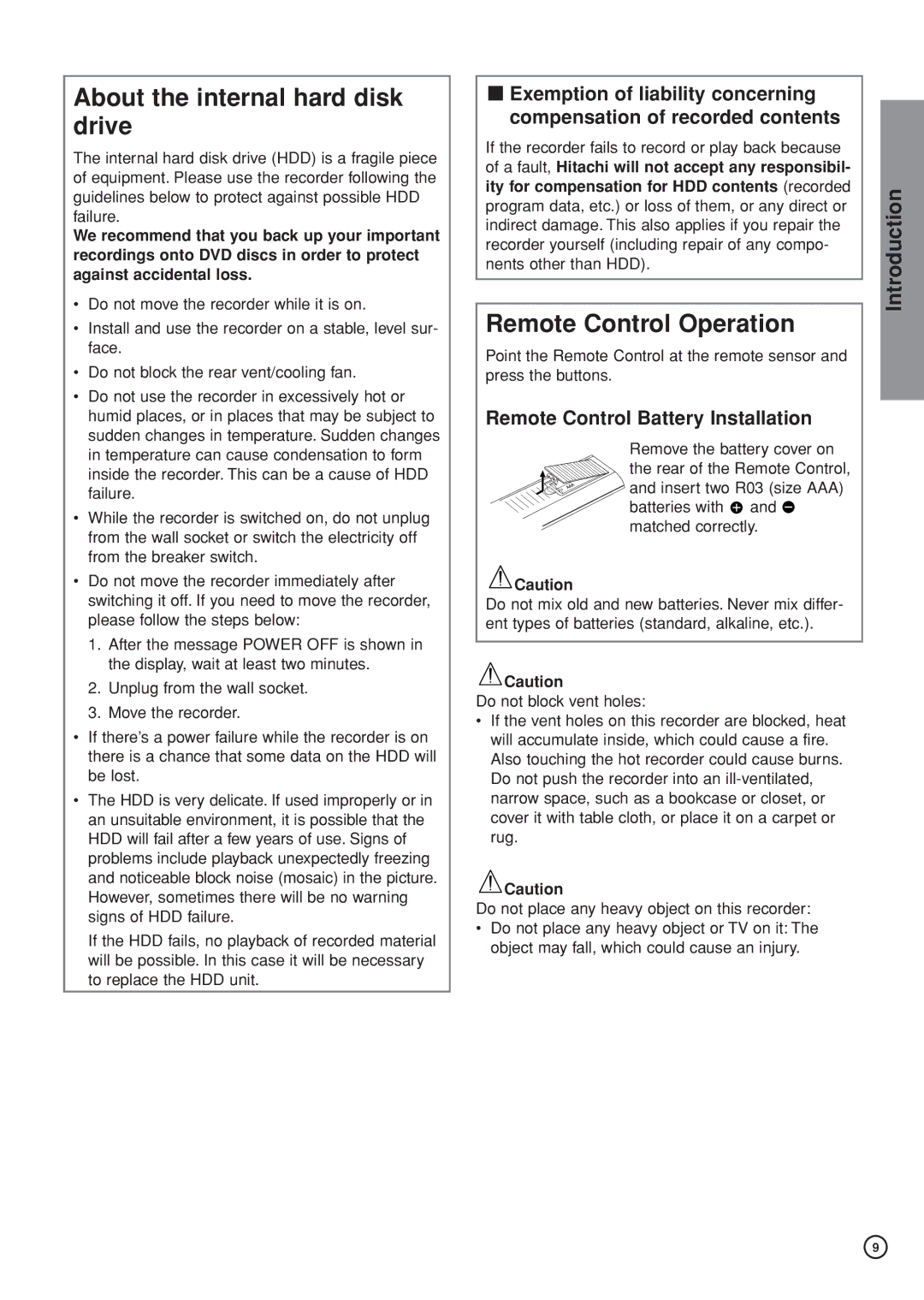 Hitachi DV-DS161E About the internal hard disk drive, Remote Control Operation, Remote Control Battery Installation 