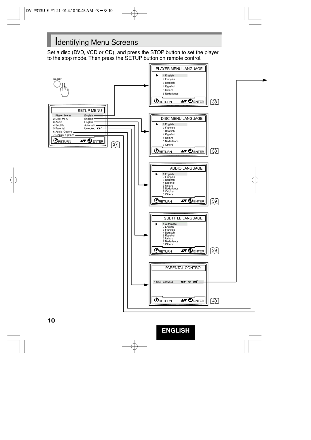 Hitachi DV-P313U instruction manual Identifying Menu Screens, Disc Menu Language 