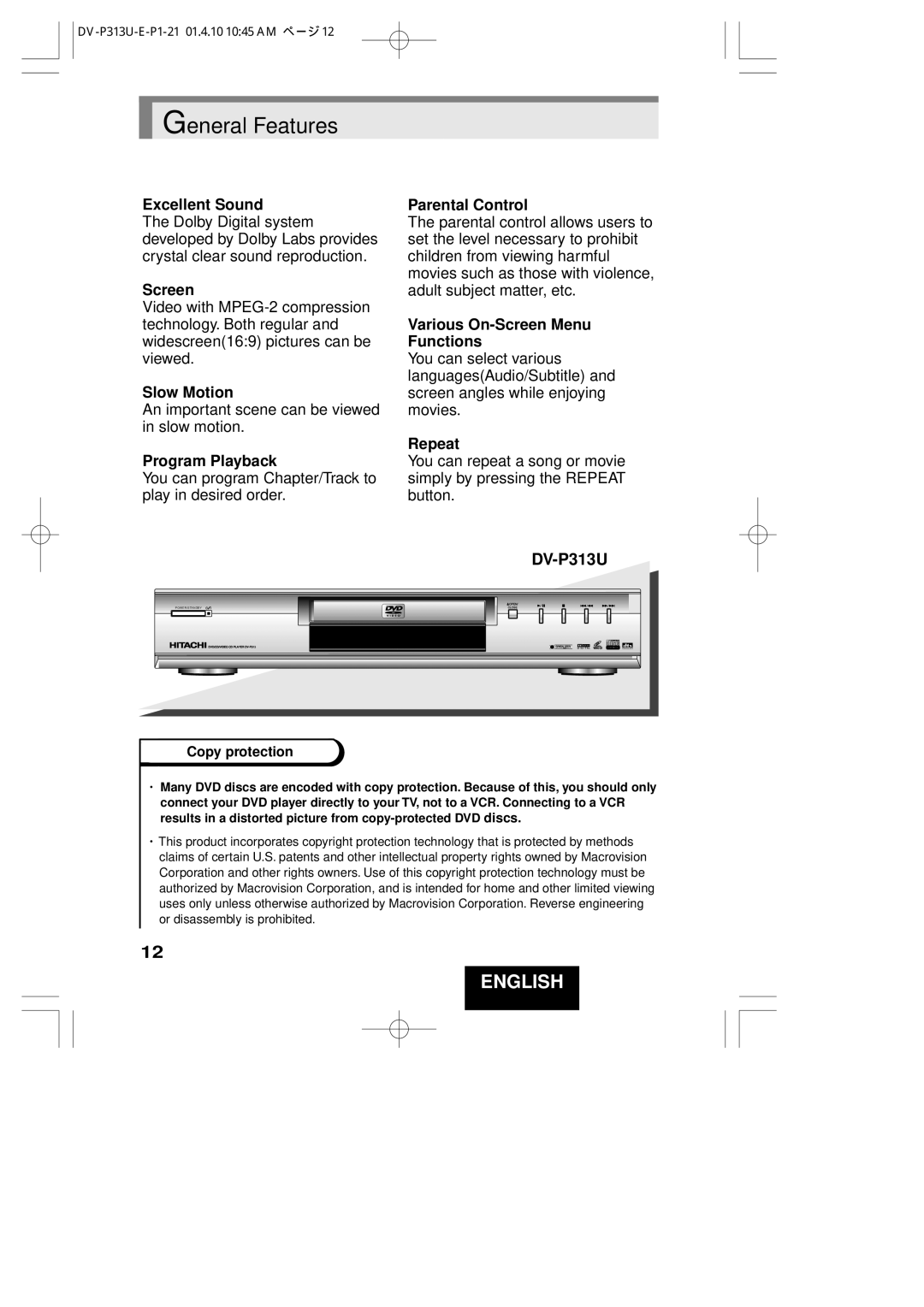 Hitachi DV-P313U instruction manual General Features 