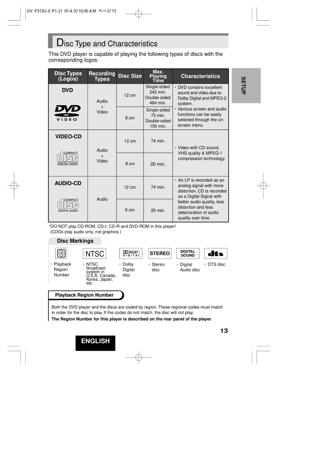 Hitachi DV-P313U instruction manual Disc Type and Characteristics, Disc Markings 