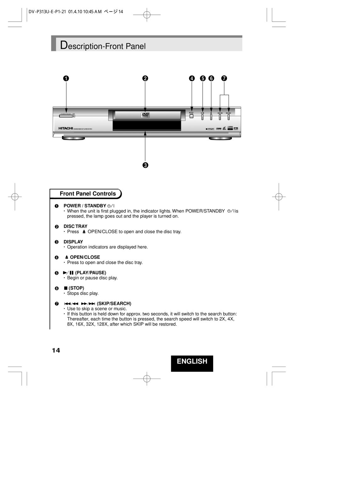 Hitachi DV-P313U instruction manual Description-Front Panel, Front Panel Controls 