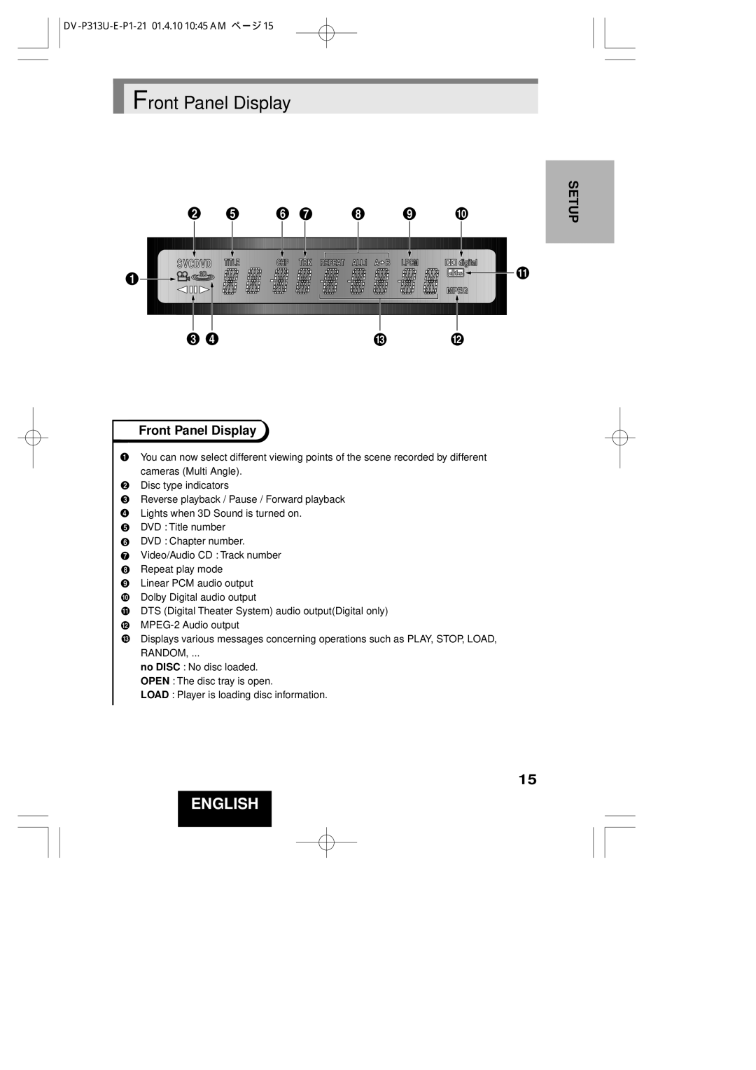 Hitachi DV-P313U instruction manual Front Panel Display 