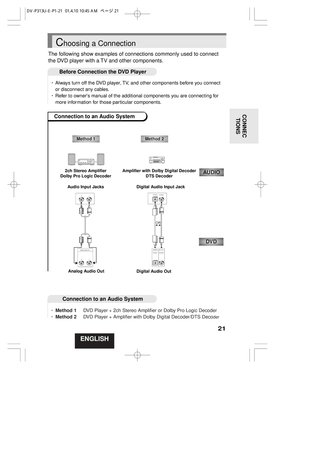 Hitachi DV-P313U instruction manual Choosing a Connection, Before Connection the DVD Player, Connection to an Audio System 