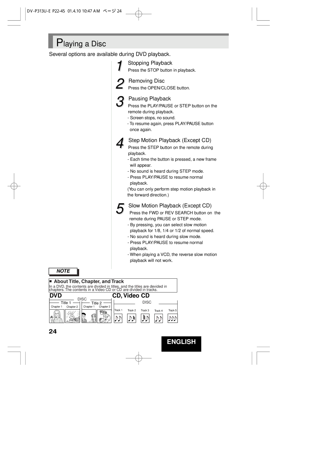 Hitachi DV-P313U instruction manual Removing Disc, Pausing Playback 