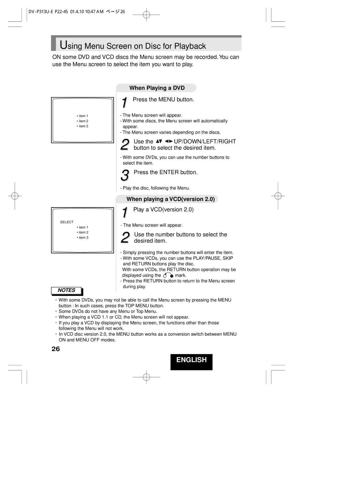 Hitachi DV-P313U instruction manual Using Menu Screen on Disc for Playback, When Playing a DVD, When playing a VCDversion 