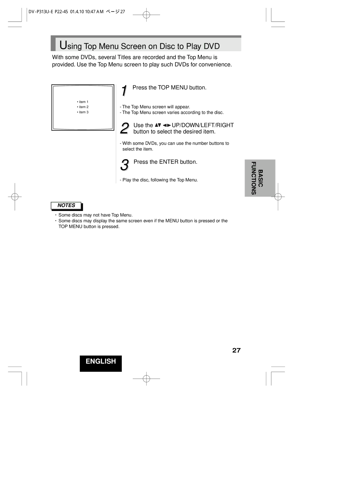 Hitachi DV-P313U instruction manual Using Top Menu Screen on Disc to Play DVD 