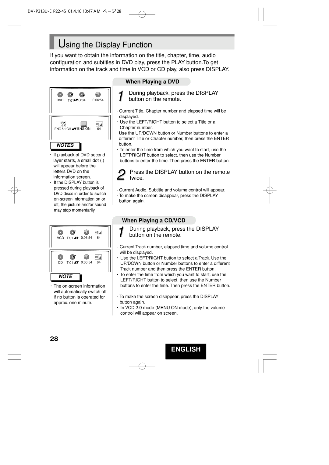 Hitachi DV-P313U instruction manual Using the Display Function, During playback, press the Display button on the remote 