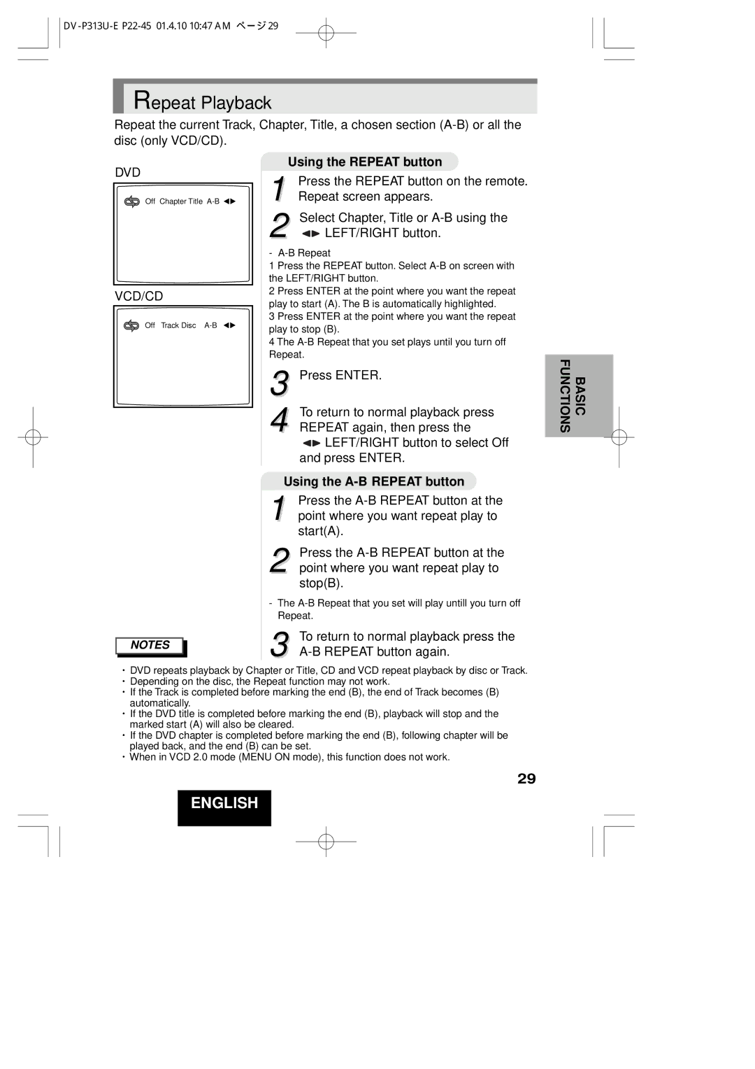 Hitachi DV-P313U instruction manual Repeat Playback, Using the Repeat button, Using the A-B Repeat button 