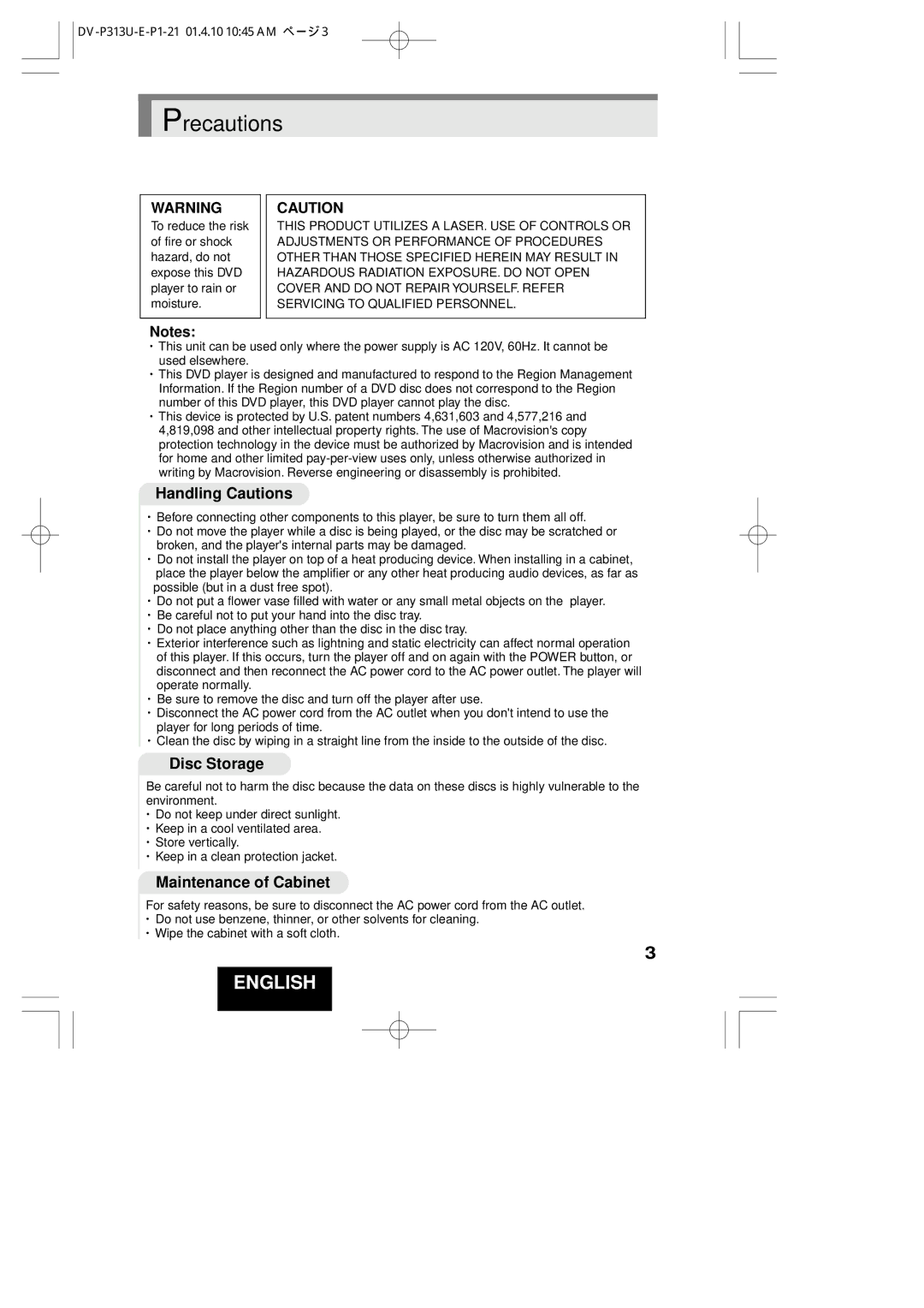 Hitachi DV-P313U instruction manual Handling Cautions, Disc Storage, Maintenance of Cabinet 