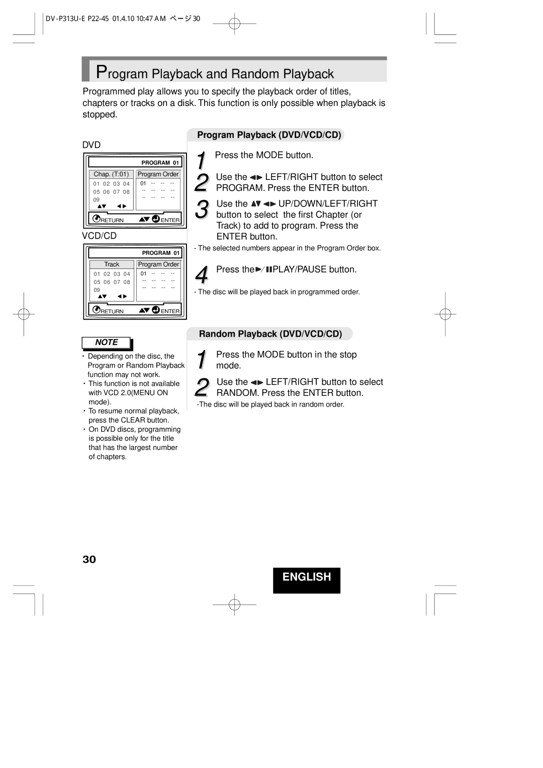 Hitachi DV-P313U Program Playback and Random Playback, Program Playback DVD/VCD/CD, Random Playback DVD/VCD/CD 