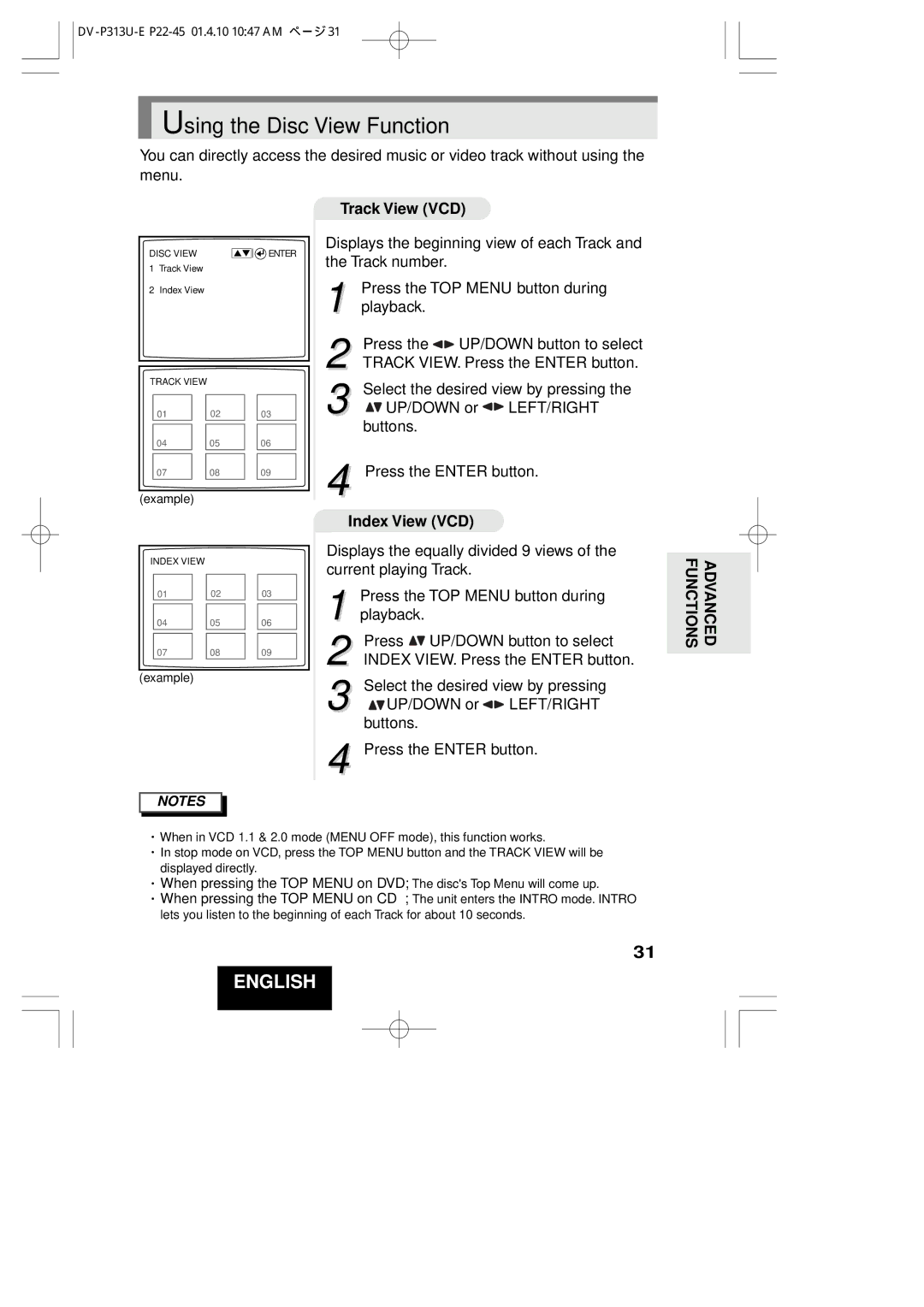 Hitachi DV-P313U instruction manual Using the Disc View Function, Track View VCD, Index View VCD 