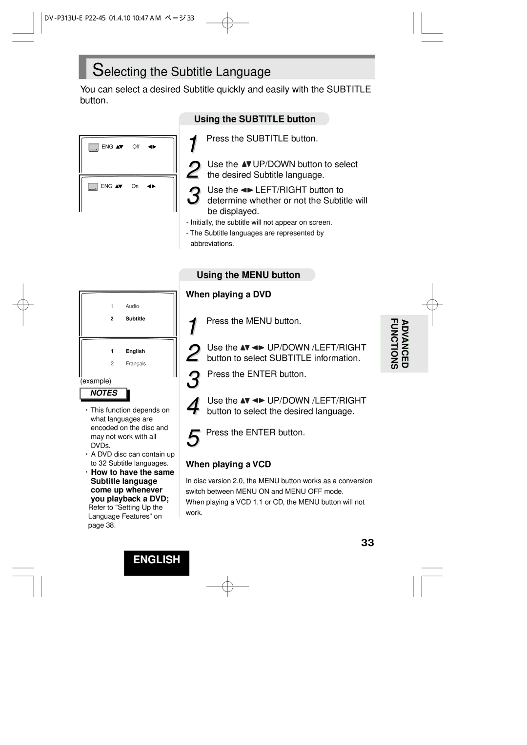 Hitachi DV-P313U instruction manual Selecting the Subtitle Language, Using the Subtitle button, Using the Menu button 