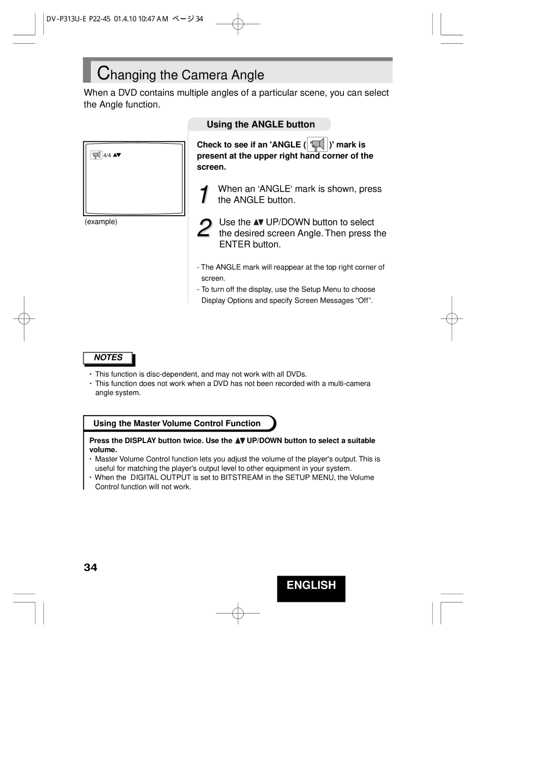 Hitachi DV-P313U instruction manual Changing the Camera Angle, Using the Angle button 