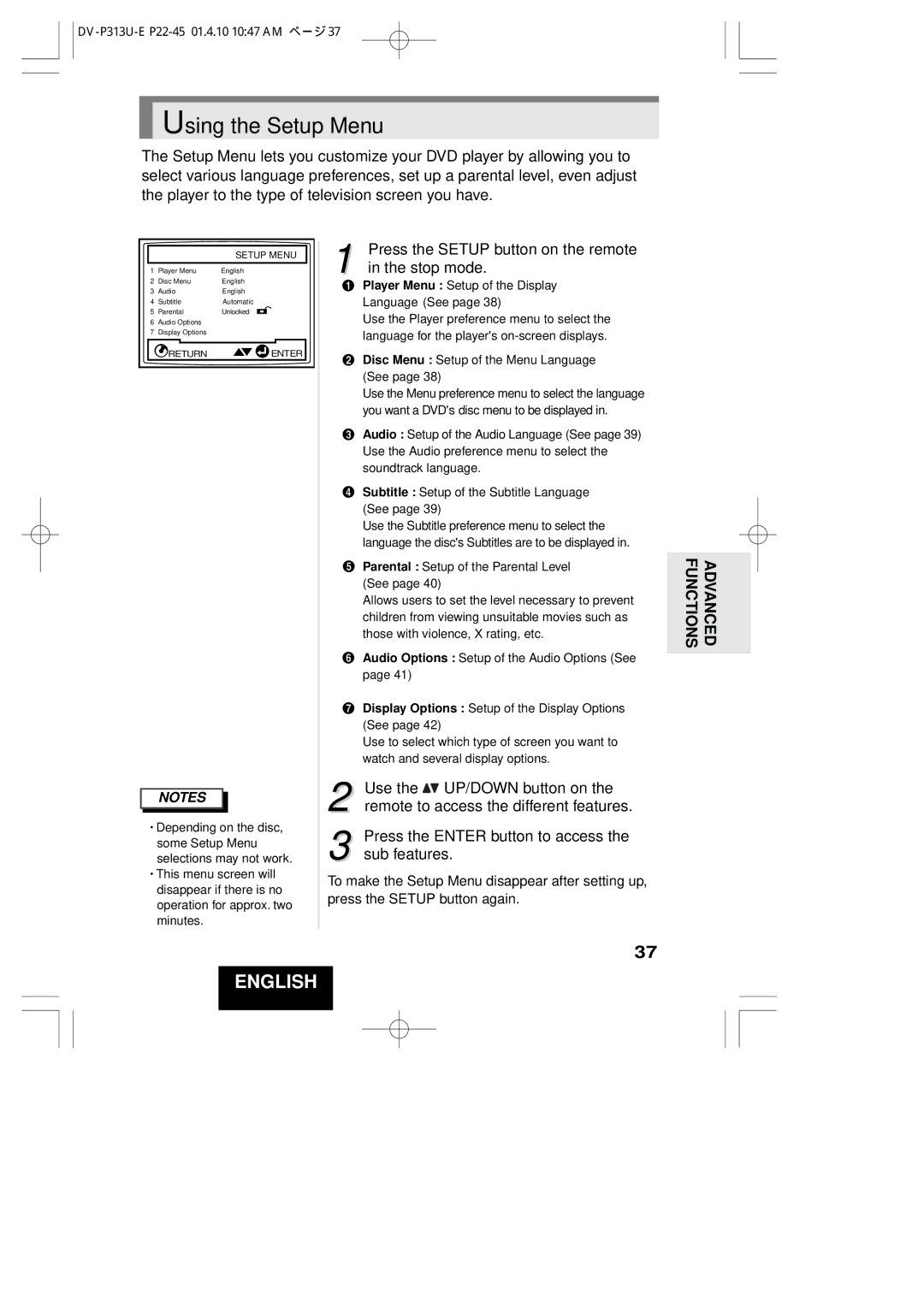 Hitachi DV-P313U instruction manual Using the Setup Menu, Press the Setup button on the remote in the stop mode 