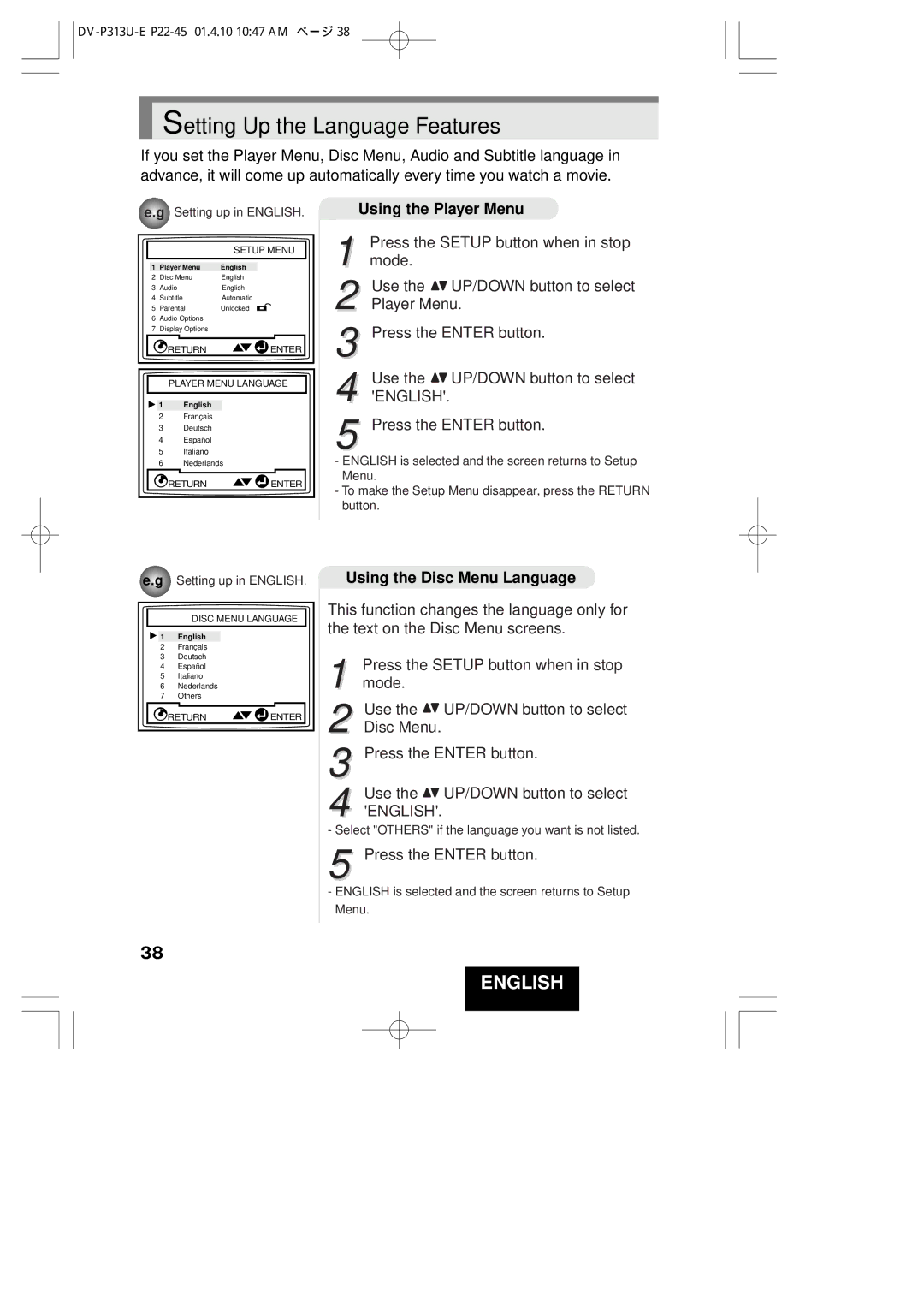 Hitachi DV-P313U Setting Up the Language Features, Using the Player Menu, Press the Setup button when in stop 