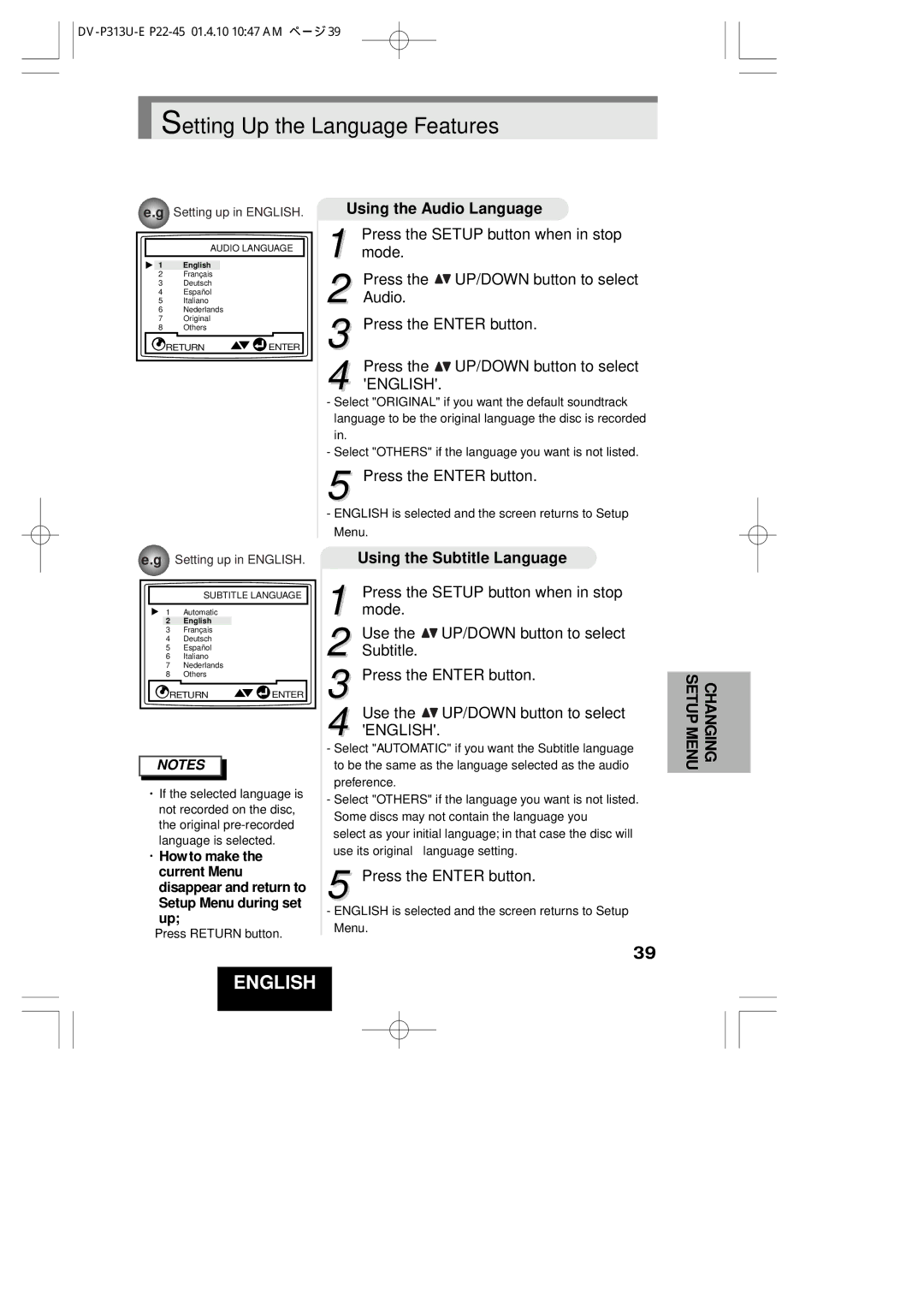 Hitachi DV-P313U instruction manual Using the Audio Language, Using the Subtitle Language 