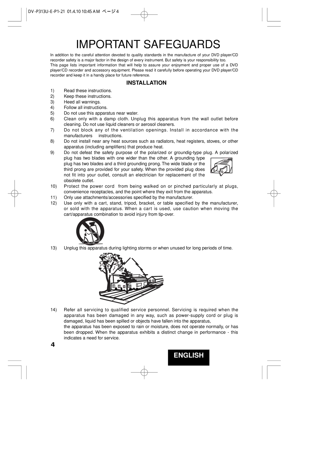 Hitachi DV-P313U instruction manual Important Safeguards 