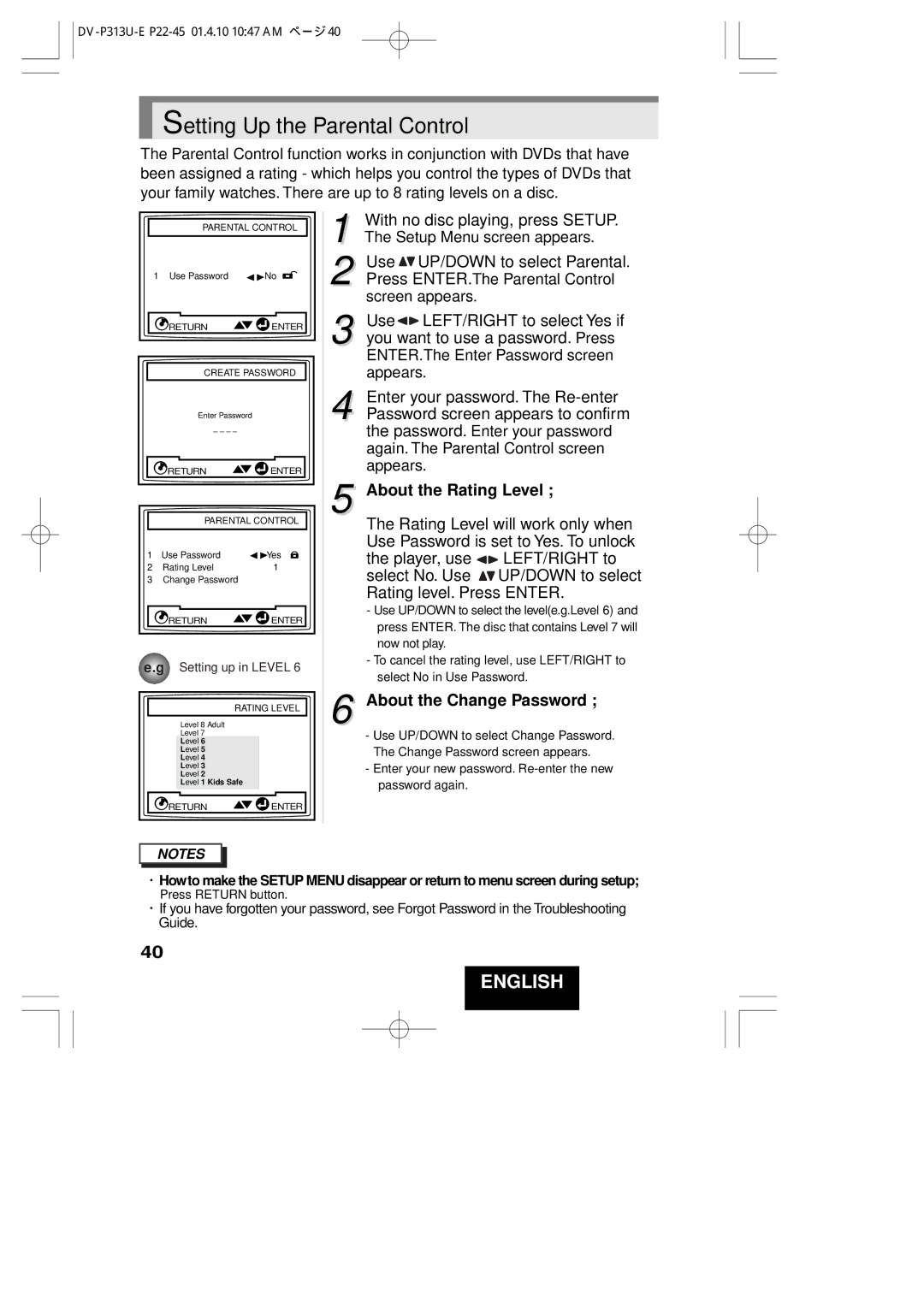 Hitachi DV-P313U instruction manual Setting Up the Parental Control, About the Rating Level, About the Change Password 