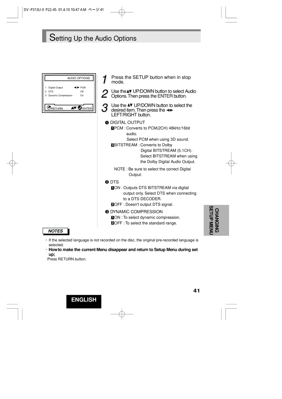 Hitachi DV-P313U instruction manual Setting Up the Audio Options, Digital Output 