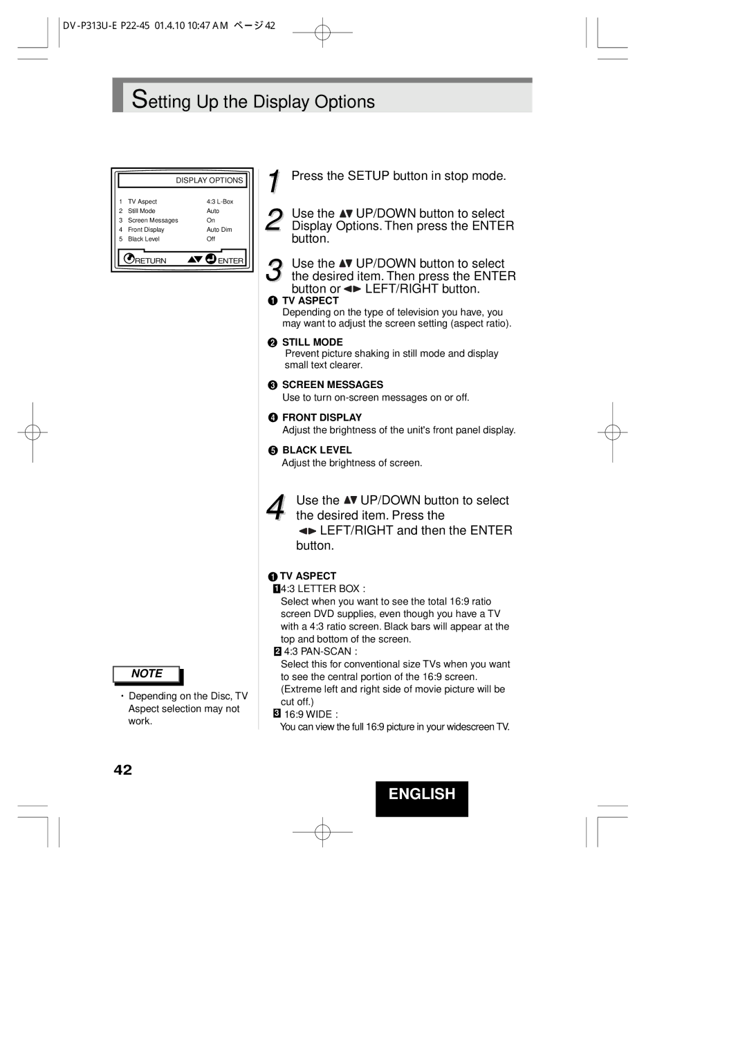 Hitachi DV-P313U instruction manual Setting Up the Display Options, TV Aspect 