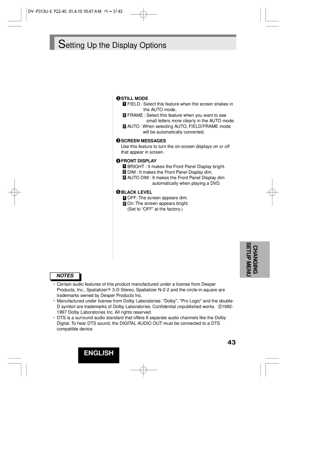 Hitachi DV-P313U instruction manual Changing Setup Menu 