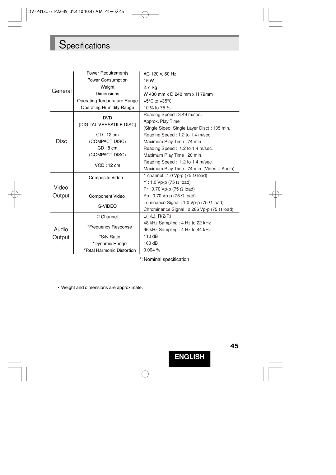 Hitachi DV-P313U instruction manual Specifications, General, Disc, Video, Output 