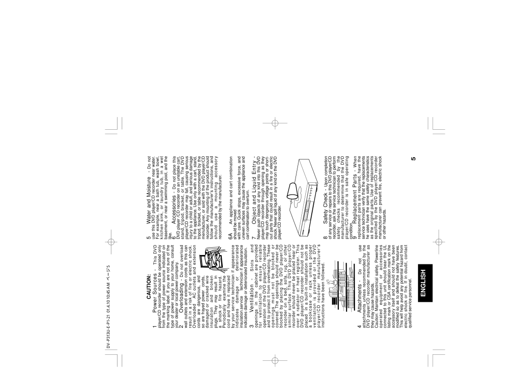 Hitachi DV-P313U instruction manual Object and Liquid Entry 