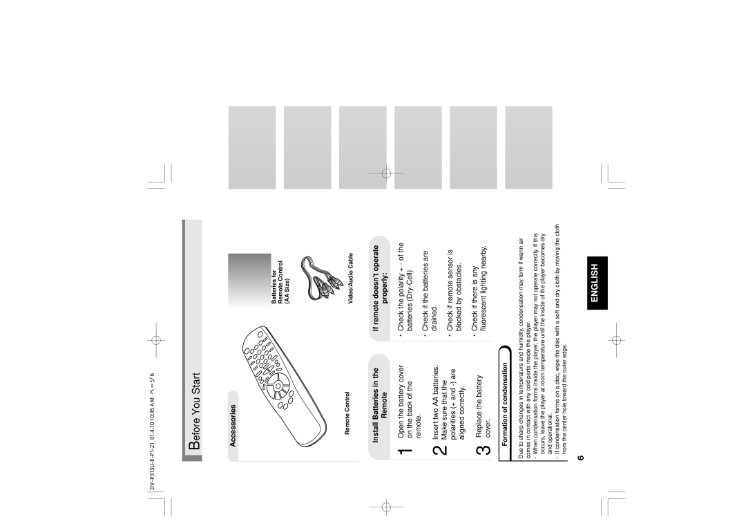 Hitachi DV-P313U Before You Start, Accessories, Install Batteries in the Remote, If remote doesnt operate properly 