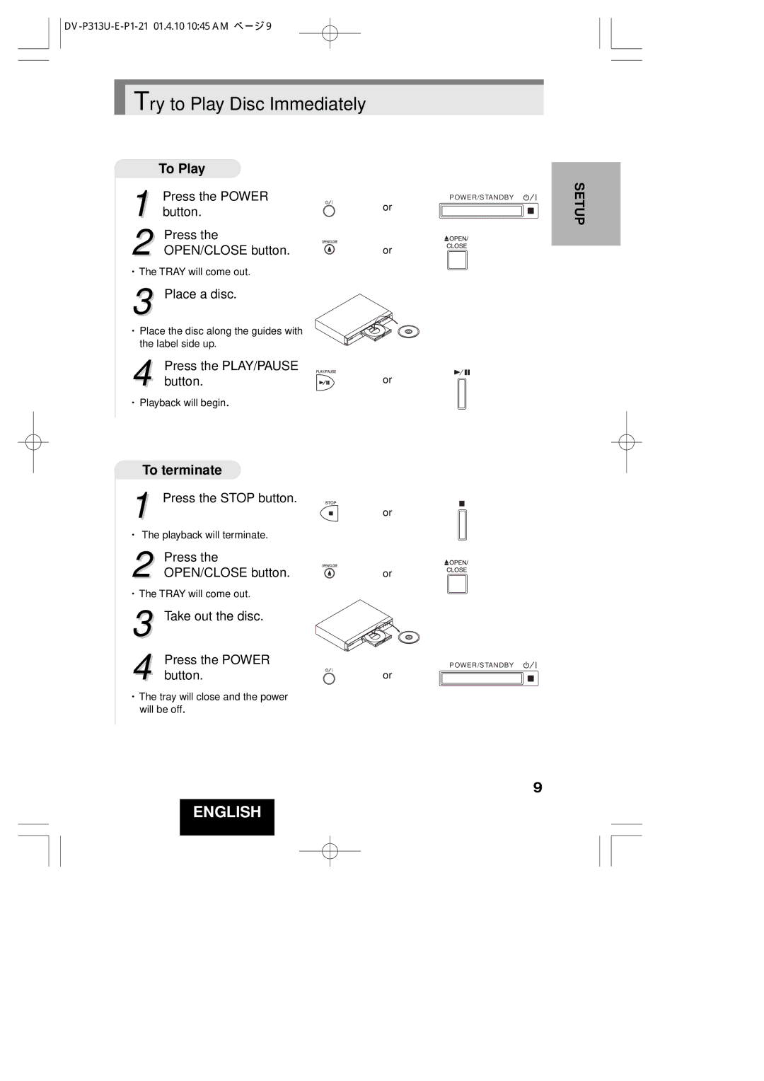 Hitachi DV-P313U instruction manual To Play, To terminate 