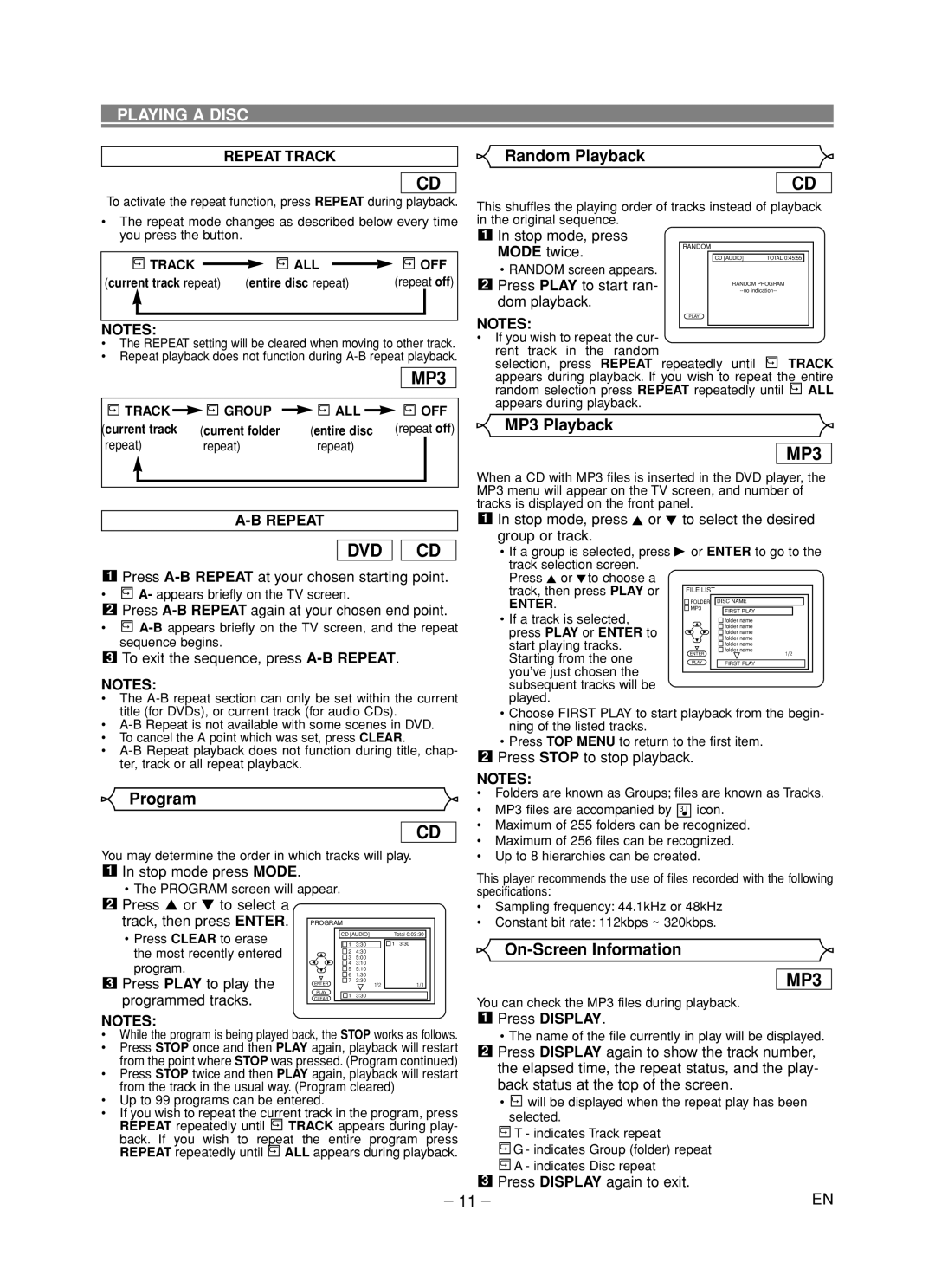 Hitachi DV-P533U instruction manual Random Playback, MP3 Playback, Program, On-Screen Information 