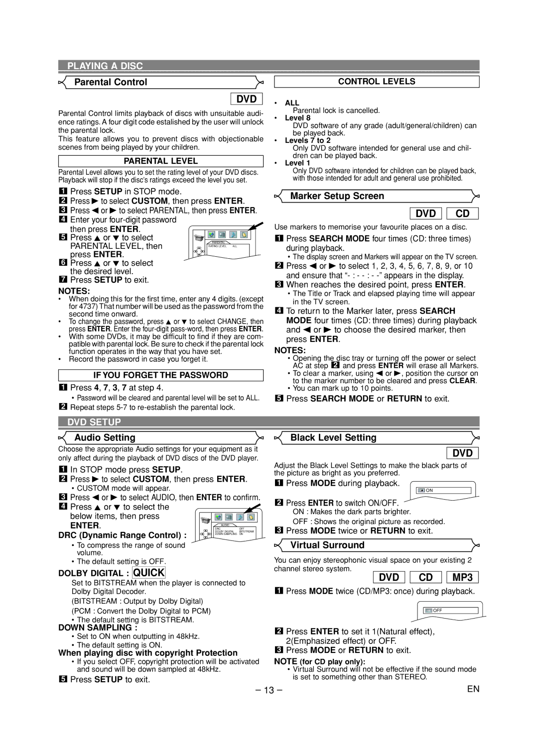 Hitachi DV-P533U Parental Control, Marker Setup Screen, DVD Setup, Audio Setting Black Level Setting, Virtual Surround 