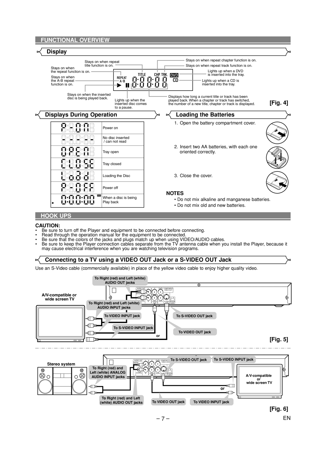 Hitachi DV-P533U instruction manual Displays During Operation, Loading the Batteries, Hook UPS 