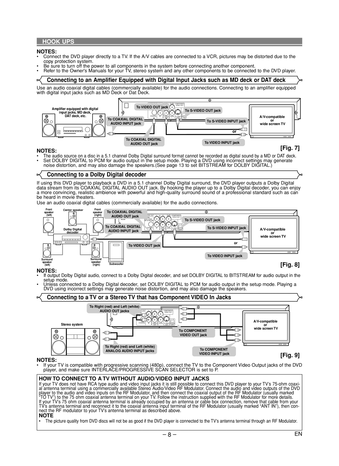 Hitachi DV-P533U Connecting to a Dolby Digital decoder, HOW to Connect to a TV Without AUDIO/VIDEO Input Jacks 